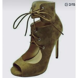 Olivia Ferguson olive green suede lace up stiletto heels